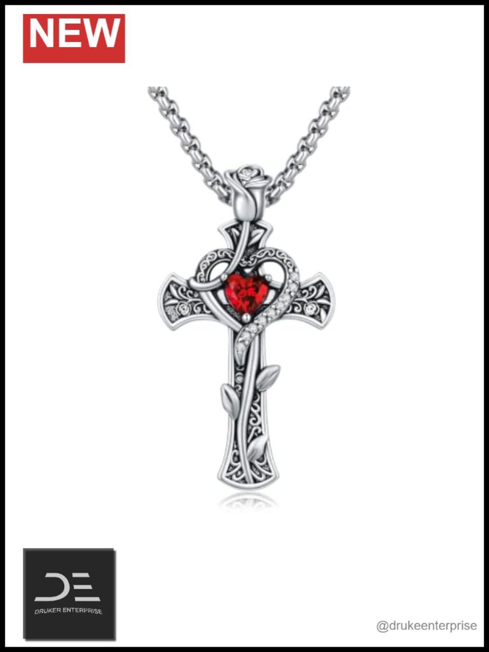 Vintage Gothic Cross Necklace with Red Heart CZ Pendant